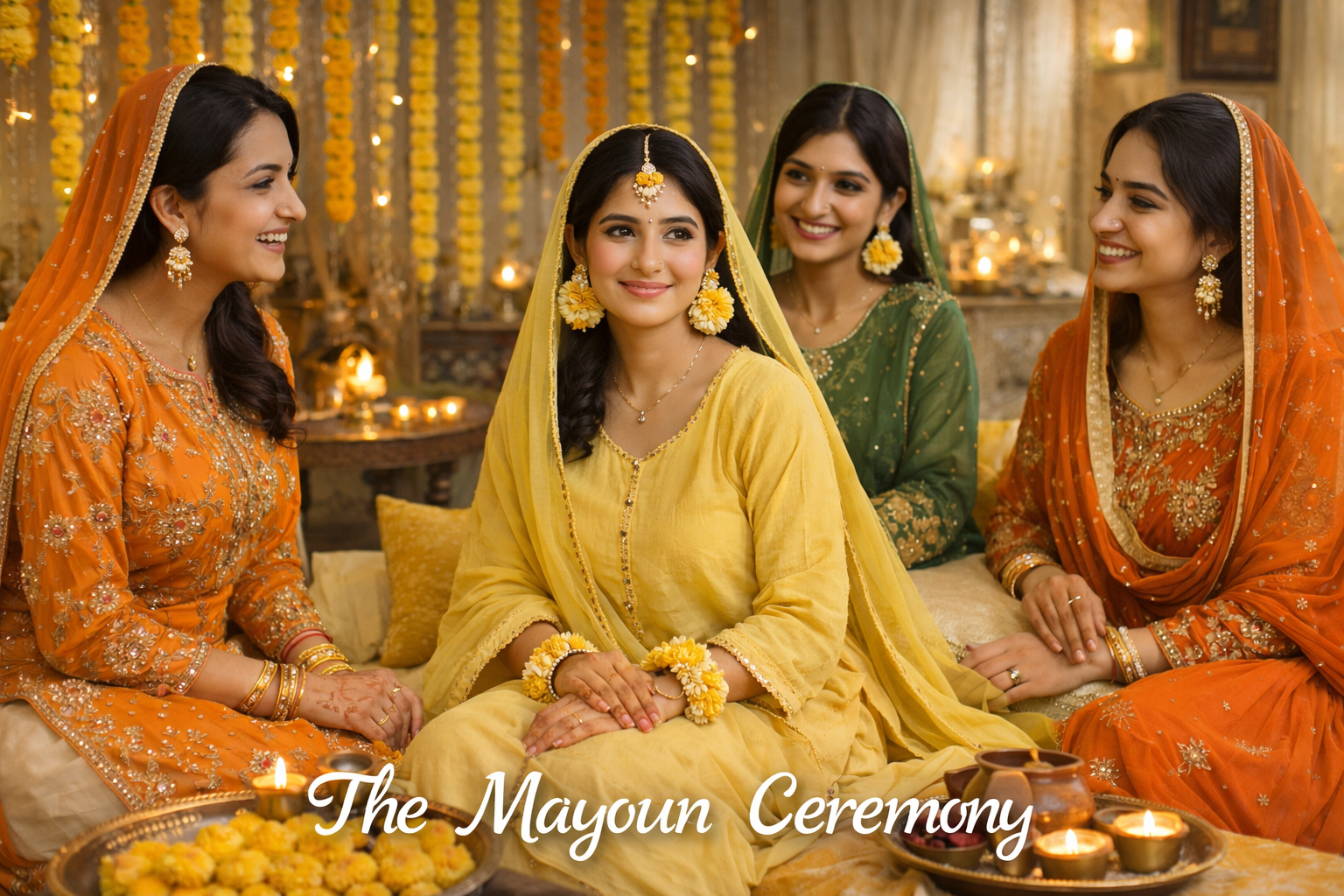 Mayoun ceremony in a UK wedding with the bride dressed in a traditional yellow outfit