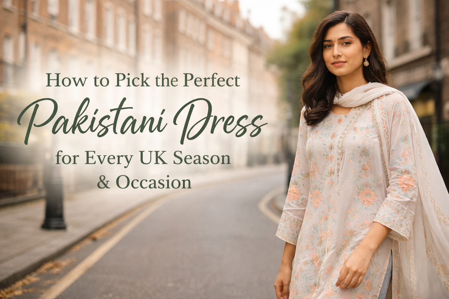 Pakistani woman in a pastel lawn shalwar kameez on a London street — seasonal Pakistani dress style guide UK