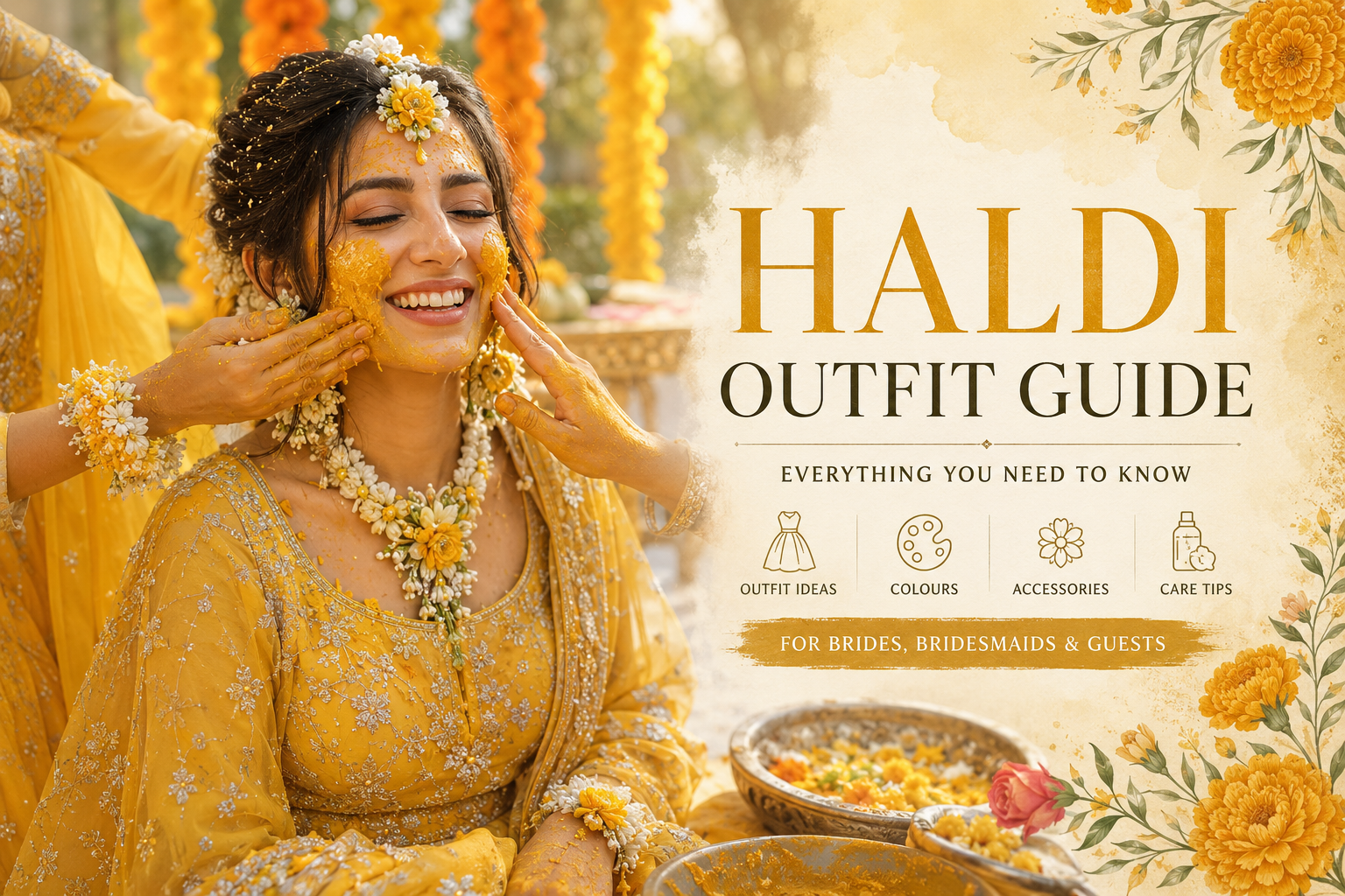 Haldi outfit guide featuring a South Asian bride in a yellow lehenga with floral jewellery during a traditional pre-wedding Haldi ceremony, surrounded by marigold décor and golden sunlight.