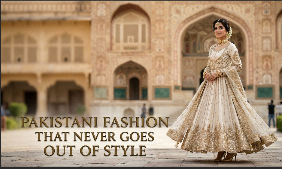 Classic Pakistani dress styles featuring a luxury ivory Anarkali suit with gold embroidery in a heritage setting
