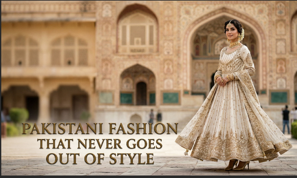 Classic Pakistani dress styles featuring a luxury ivory Anarkali suit with gold embroidery in a heritage setting