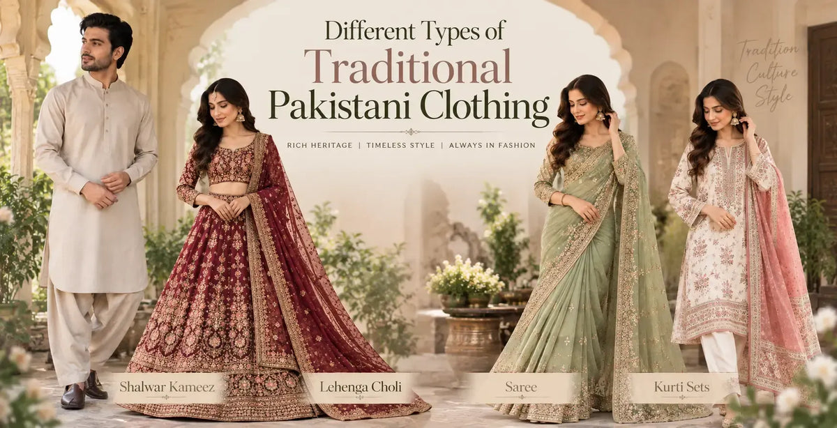 Different types of traditional Pakistani clothing worn by women, including shalwar kameez, lehenga choli, saree, and kurti styles.