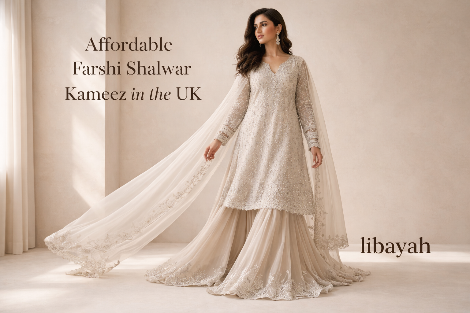 Affordable Farshi Shalwar Kameez in the UK featuring wide flowing silhouette and elegant embroidery