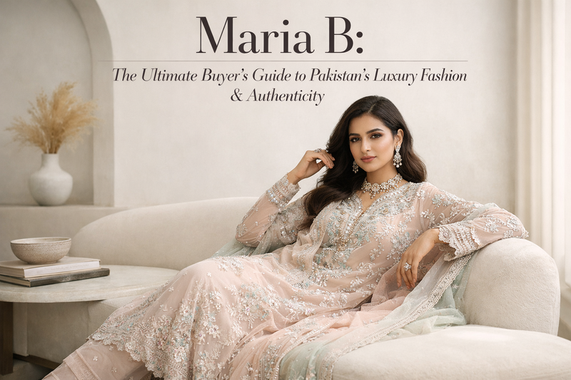 Luxury Maria B Pakistani fashion outfit showcasing intricate embroidery and elegant design