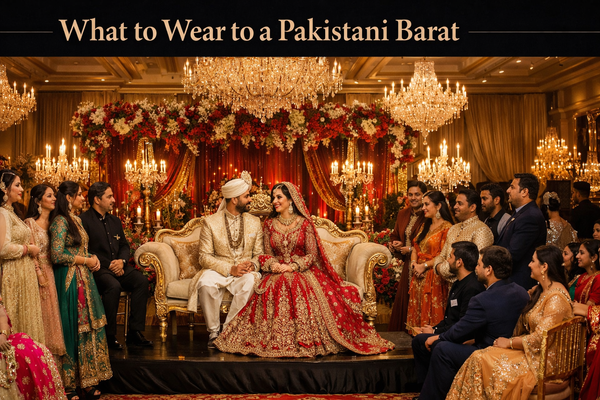 Pakistani Barat wedding reception in a UK hotel ballroom with guests wearing traditional formal outfits