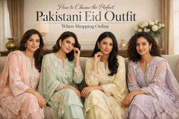 Pakistani Eid outfits featuring elegant embroidery and festive colours