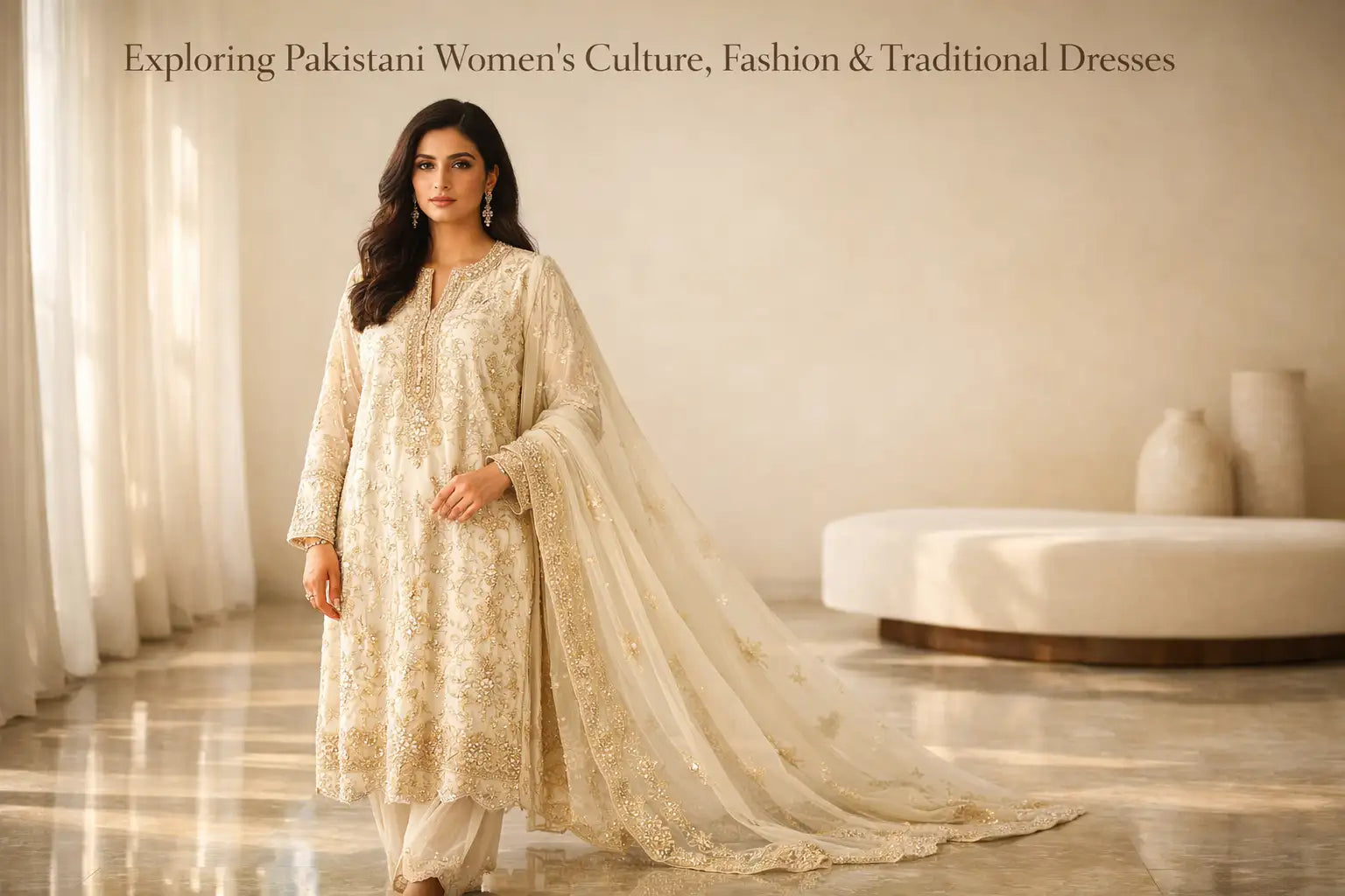 Pakistani woman wearing embroidered shalwar kameez with dupatta in a modern luxury setting