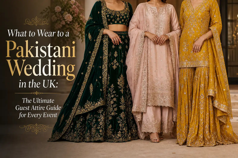A collage style or group shot of elegant Pakistani formal wear in different colors for wedding guests.