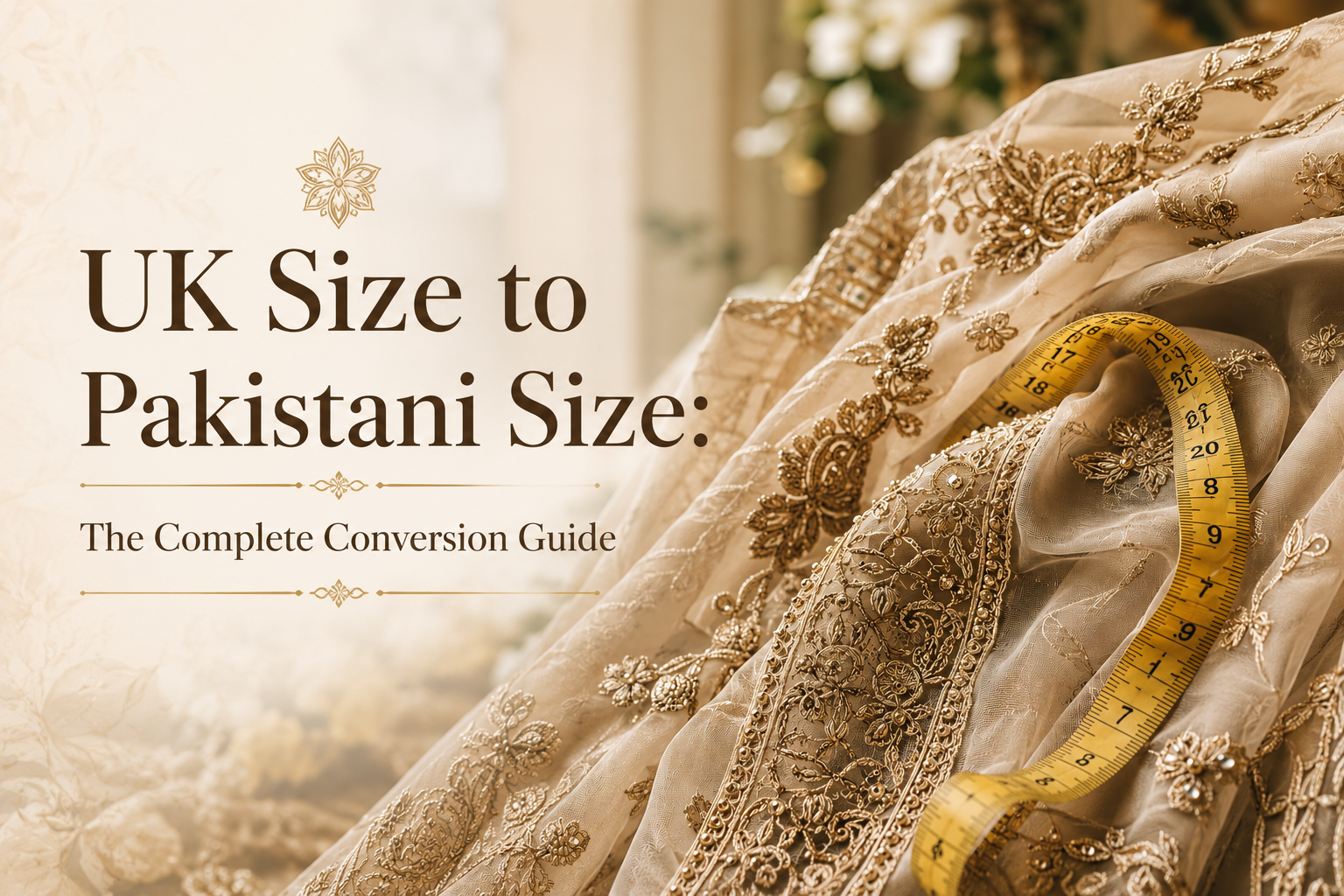 Tape measure on luxurious Pakistani embroidered fabric for size conversion guide