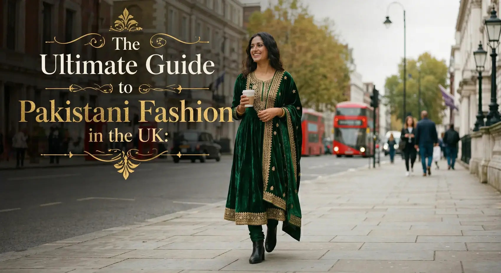 British Pakistani woman in contemporary luxury green velvet Anarkali suit on a London street, representing modern diaspora fashion.