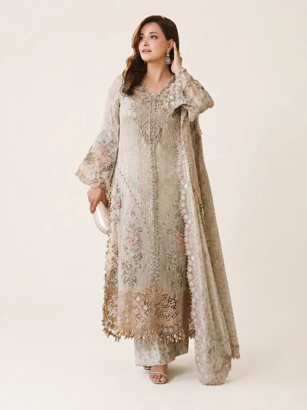 Ivory Long Shirt with Plazo from Maria B in Chiffon Fabric with Beige Background.