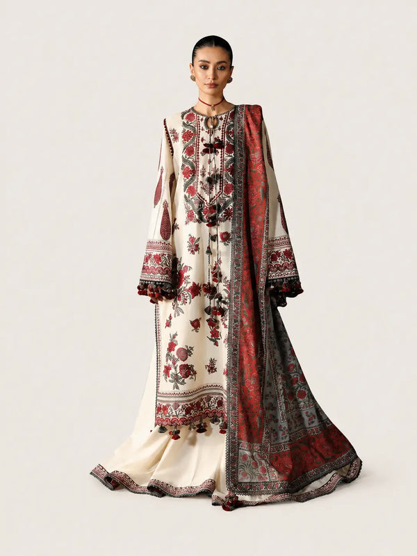 Ivory Long Shirt with Sharara from Hussain Rehar in Khaddar Fabric with Beige Background.