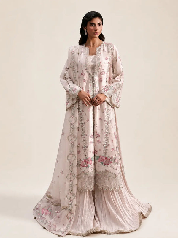 White Slit open shirt with crushed sharara from Afrozeh brand with beige background.