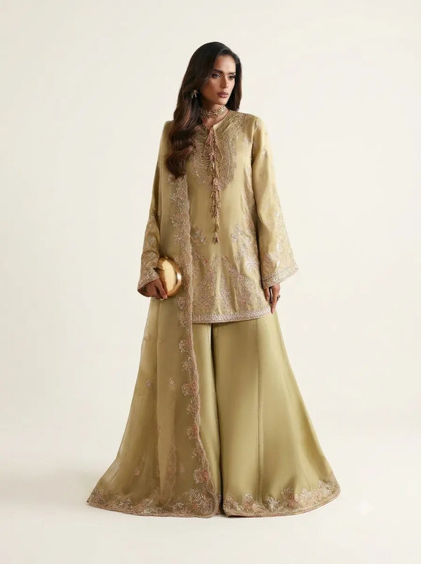 Apple Green Short Shirt from Kanwal Malik brand with beige background.