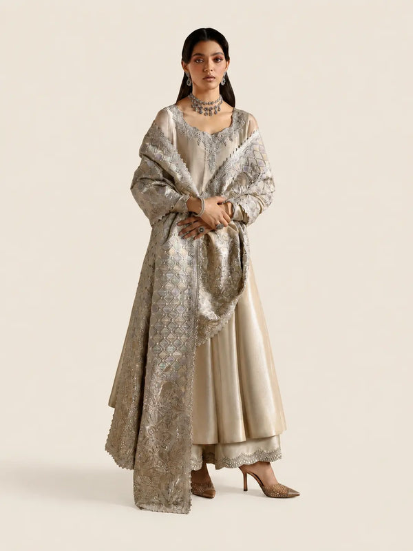 Silver Frock with plazo from Faiza Saqlain in Velvet Fabric with beige background.