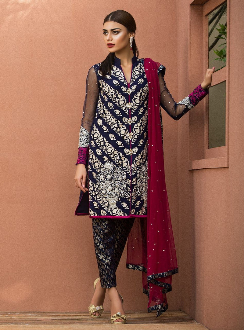 Zainab Chottani | Semi Formals | NAVY BLUE FLORAL DRESS by Zainab Chottani - Designer Dress - Type: Formal - Available at Libayah - 100% Original