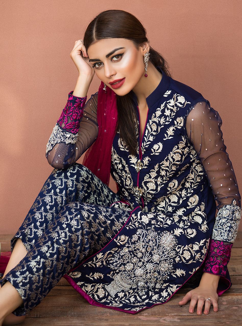 Zainab Chottani | Semi Formals | NAVY BLUE FLORAL DRESS by Zainab Chottani - Designer Dress - Type: Formal - Available at Libayah - 100% Original