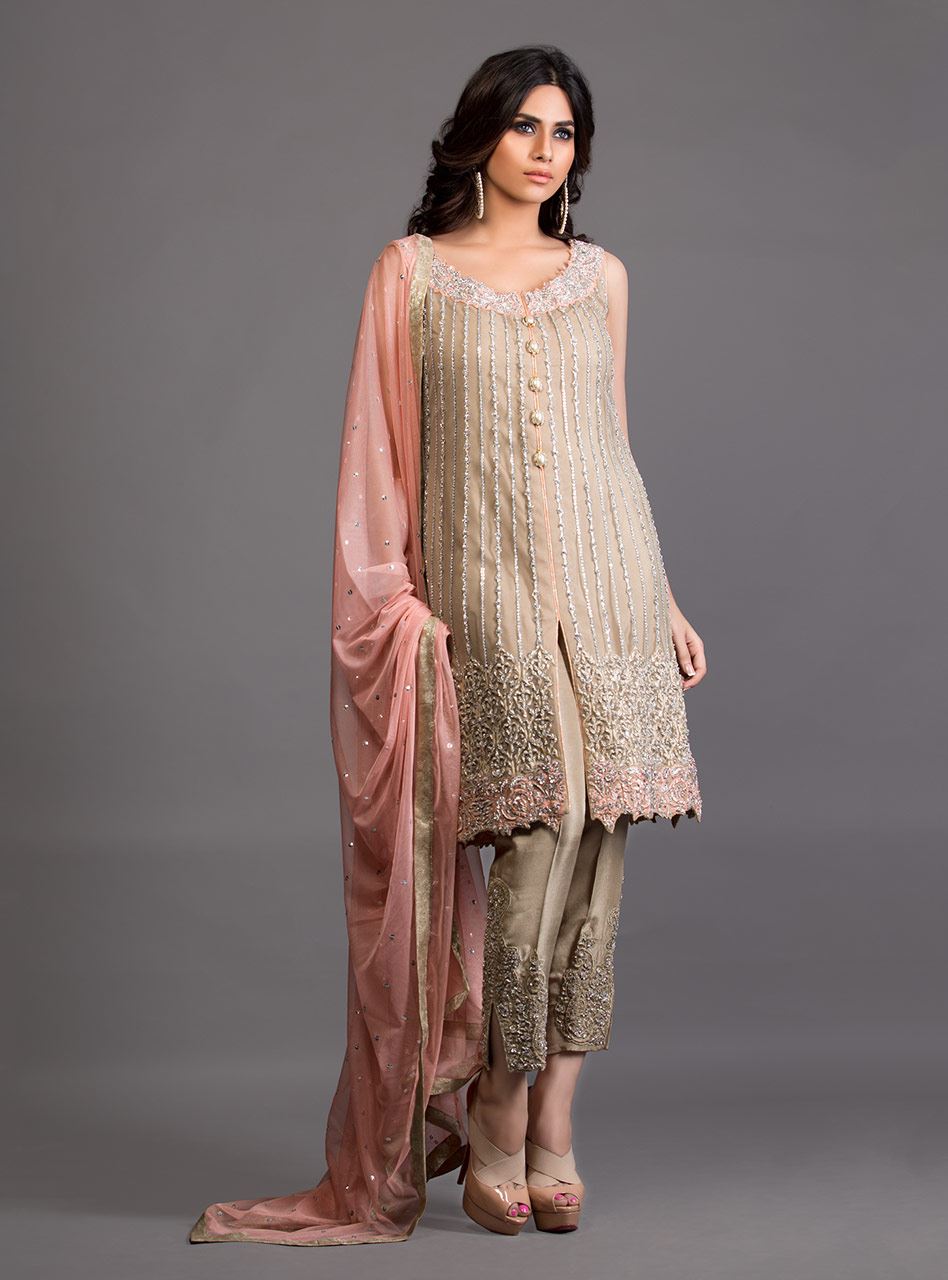 Zainab Chottani | Semi Formals | BEIGE FRONT OPEN EMBELLISHED ENSEMBLE by Zainab Chottani - Designer Dress - Type: Ladies Clothes - Available at Libayah - 100% Original
