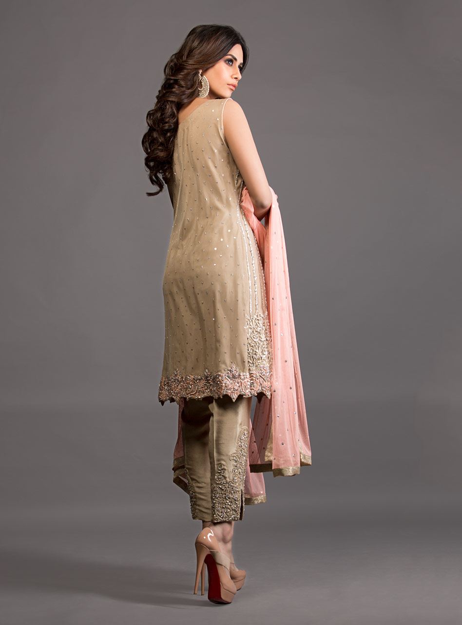 Zainab Chottani | Semi Formals | BEIGE FRONT OPEN EMBELLISHED ENSEMBLE by Zainab Chottani - Designer Dress - Type: Ladies Clothes - Available at Libayah - 100% Original