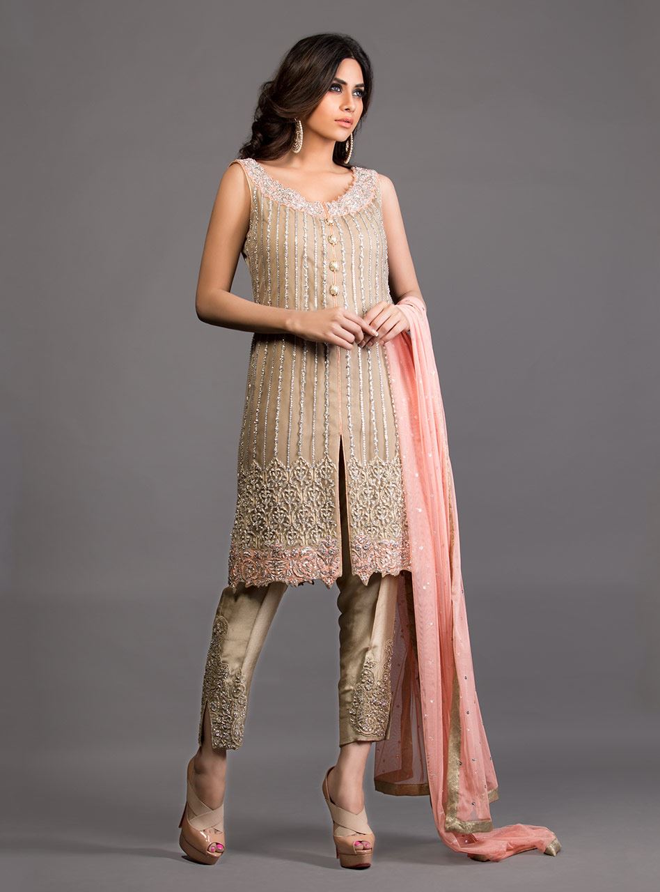 Zainab Chottani | Semi Formals | BEIGE FRONT OPEN EMBELLISHED ENSEMBLE by Zainab Chottani - Designer Dress - Type: Ladies Clothes - Available at Libayah - 100% Original