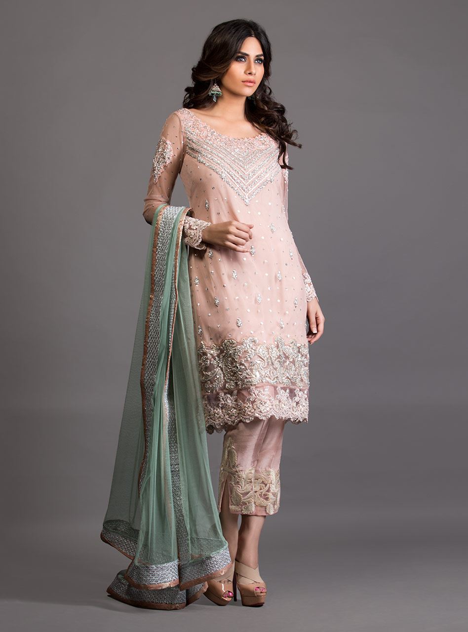 Zainab Chottani | Semi Formals | SALMON PINK AND PISTACHIO GREEN EMBELLISHED OUTFIT by Zainab Chottani - Designer Dress - Type: Ladies Clothes - Available at Libayah - 100% Original