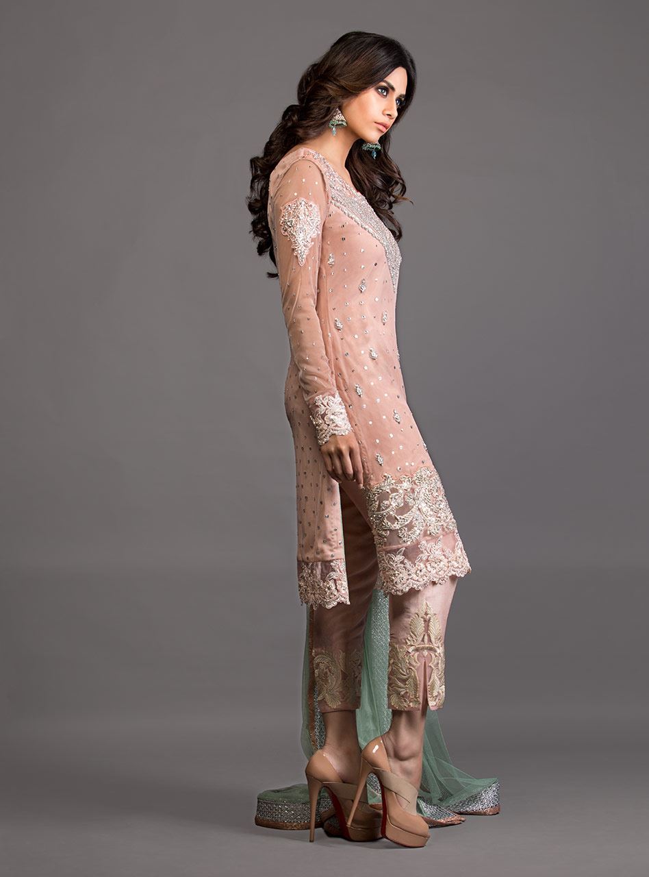 Zainab Chottani | Semi Formals | SALMON PINK AND PISTACHIO GREEN EMBELLISHED OUTFIT by Zainab Chottani - Designer Dress - Type: Ladies Clothes - Available at Libayah - 100% Original
