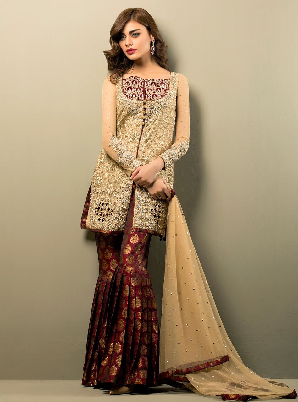Zainab Chottani | Semi Formals | BEIGE GOLD AND MAROON by Zainab Chottani - Designer Dress - Type: Ladies Clothes - Available at Libayah - 100% Original