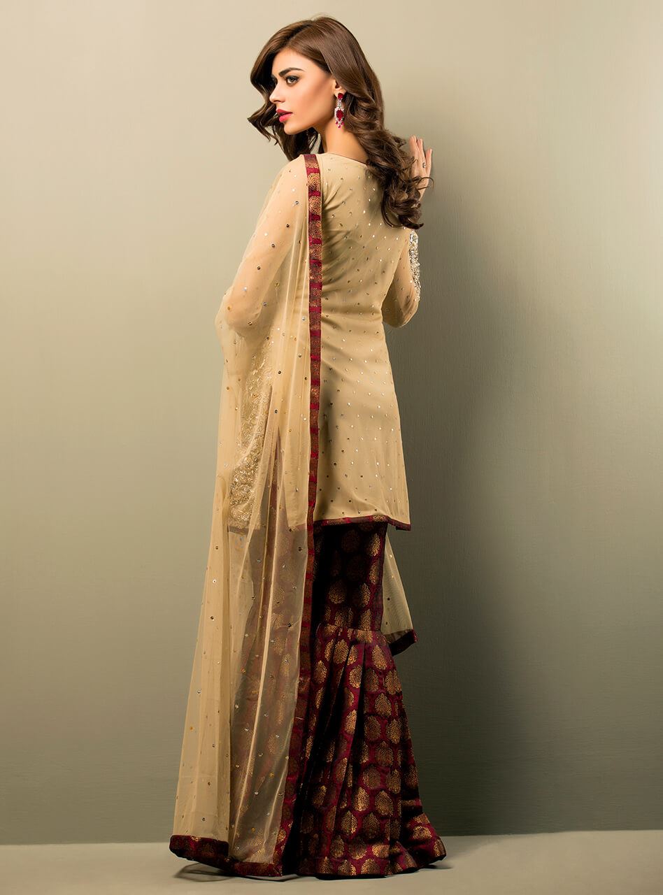 Zainab Chottani | Semi Formals | BEIGE GOLD AND MAROON by Zainab Chottani - Designer Dress - Type: Ladies Clothes - Available at Libayah - 100% Original