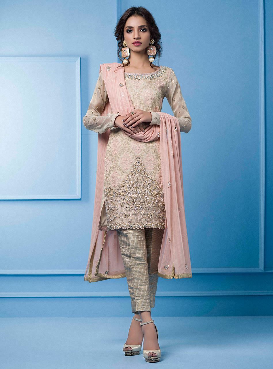 Zainab Chottani | Semi Formals | SALMON PINK AND BEIGE by Zainab Chottani - Designer Dress - Type: Ladies Clothes - Available at Libayah - 100% Original