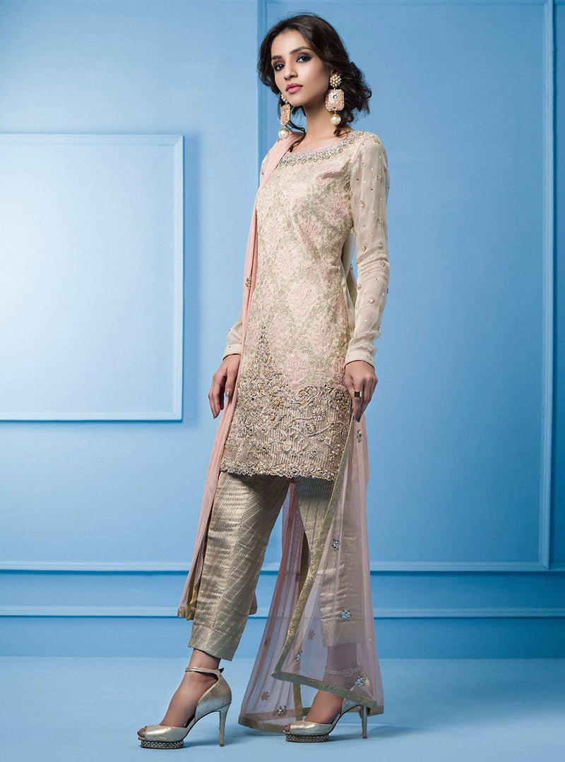 Zainab Chottani | Semi Formals | SALMON PINK AND BEIGE by Zainab Chottani - Designer Dress - Type: Ladies Clothes - Available at Libayah - 100% Original
