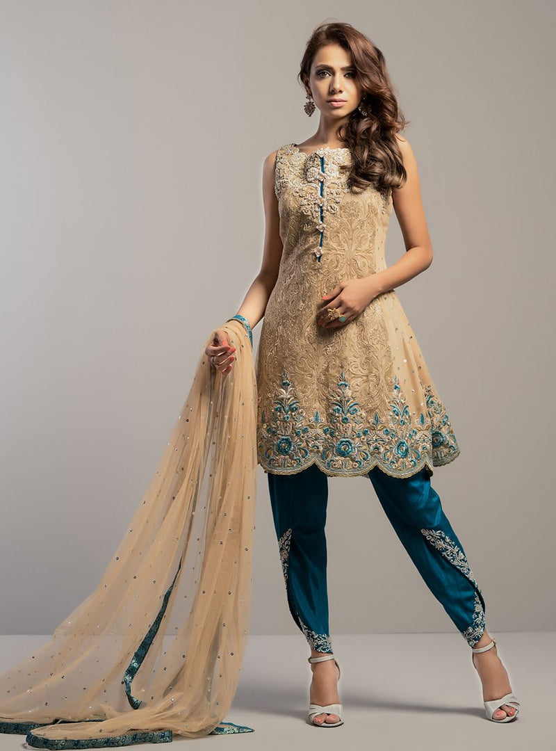 Zainab Chottani | Semi Formals | BEIGE GOLD WITH TEAL DRESS by Zainab Chottani - Designer Dress - Type: Ladies Clothes - Available at Libayah - 100% Original