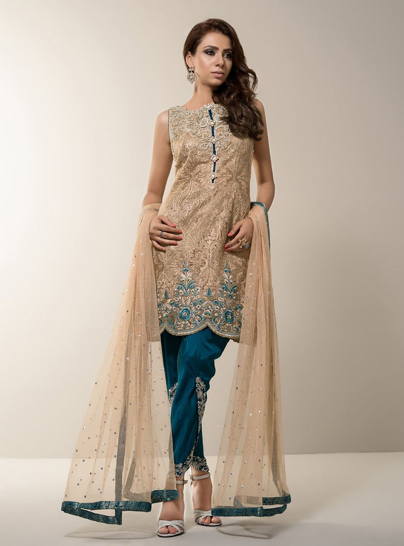 Zainab Chottani | Semi Formals | BEIGE GOLD WITH TEAL DRESS by Zainab Chottani - Designer Dress - Type: Ladies Clothes - Available at Libayah - 100% Original