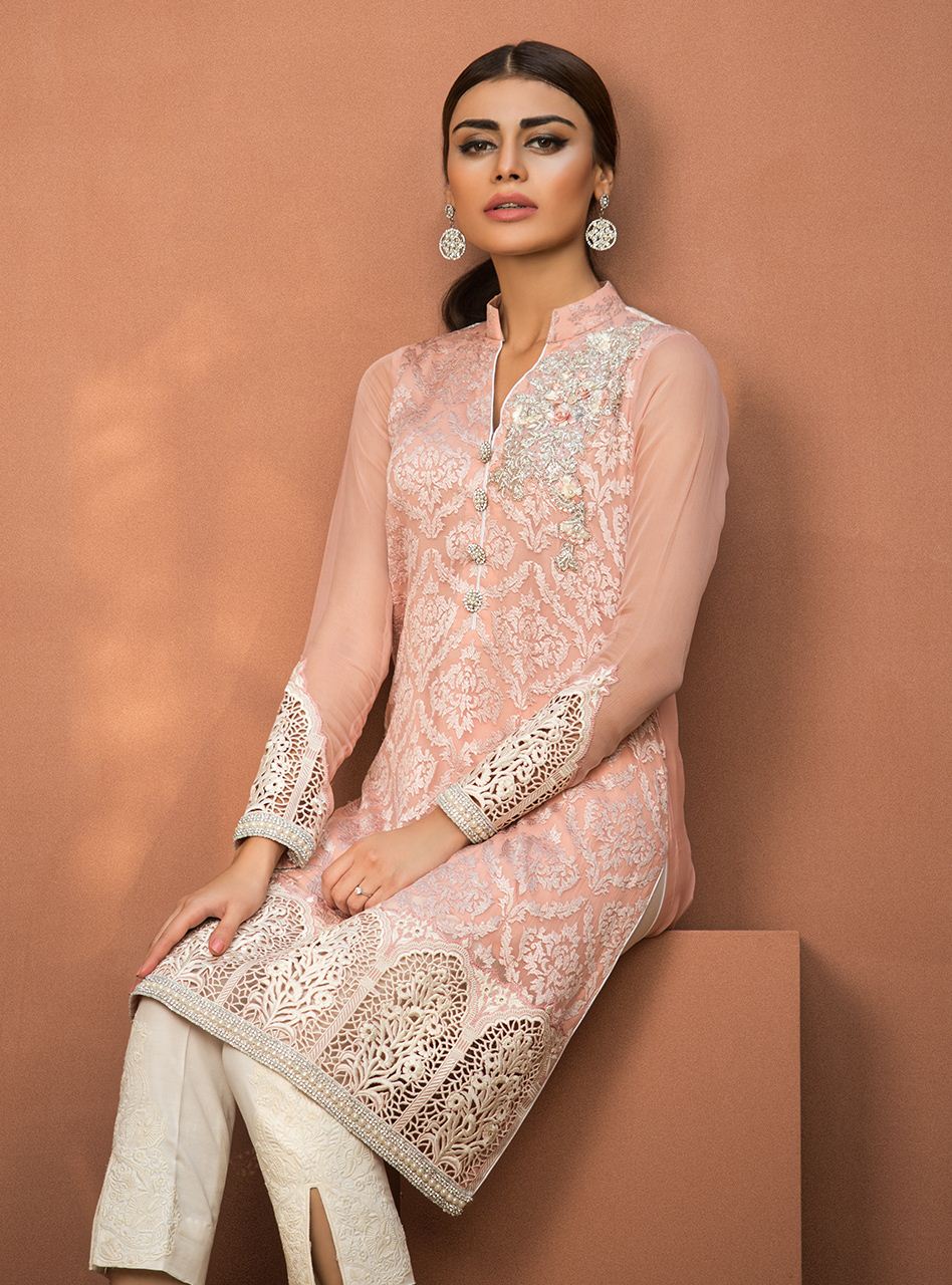 Zainab Chottani | Luxury Pret | SALMON PINK CHIFFON SHIRT by Zainab Chottani - Designer Dress - Type: Ladies Clothes - Available at Libayah - 100% Original