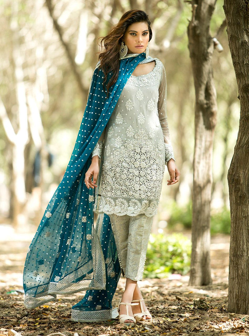 Zainab Chottani | Semi Formals | SILVER AND TEAL DRESS by Zainab Chottani - Designer Dress - Type: Ladies Clothes - Available at Libayah - 100% Original