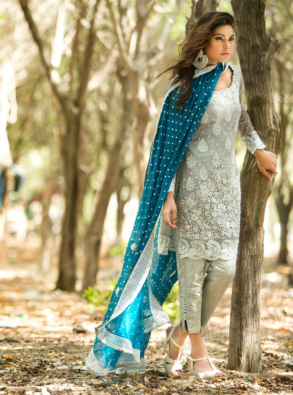Zainab Chottani | Semi Formals | SILVER AND TEAL DRESS by Zainab Chottani - Designer Dress - Type: Ladies Clothes - Available at Libayah - 100% Original