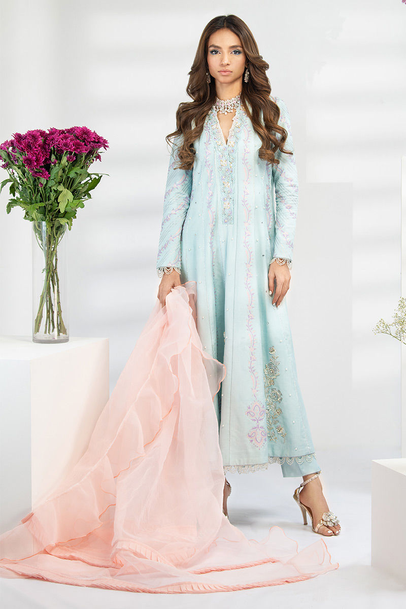 Fatima Khan | Luxury Pret 24 | LIGHT CYAN by Fatima Khan - Designer Dress - Type: Luxury - Available at Libayah - 100% Original