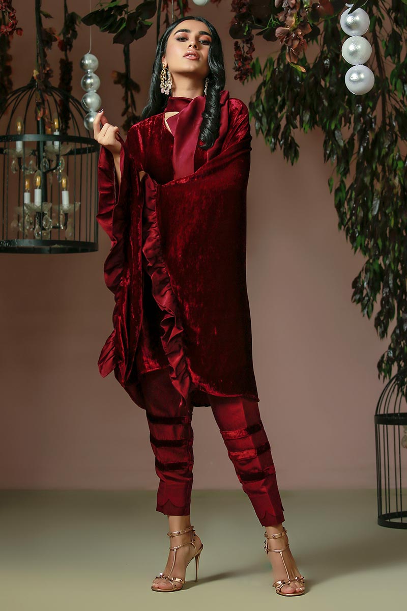 Ansab Jahangir | Bow Velvet Edit | FLUTTER DREAM by Ansab Jahangir - Designer Dress - Type: Ladies Clothes - Available at Libayah - 100% Original