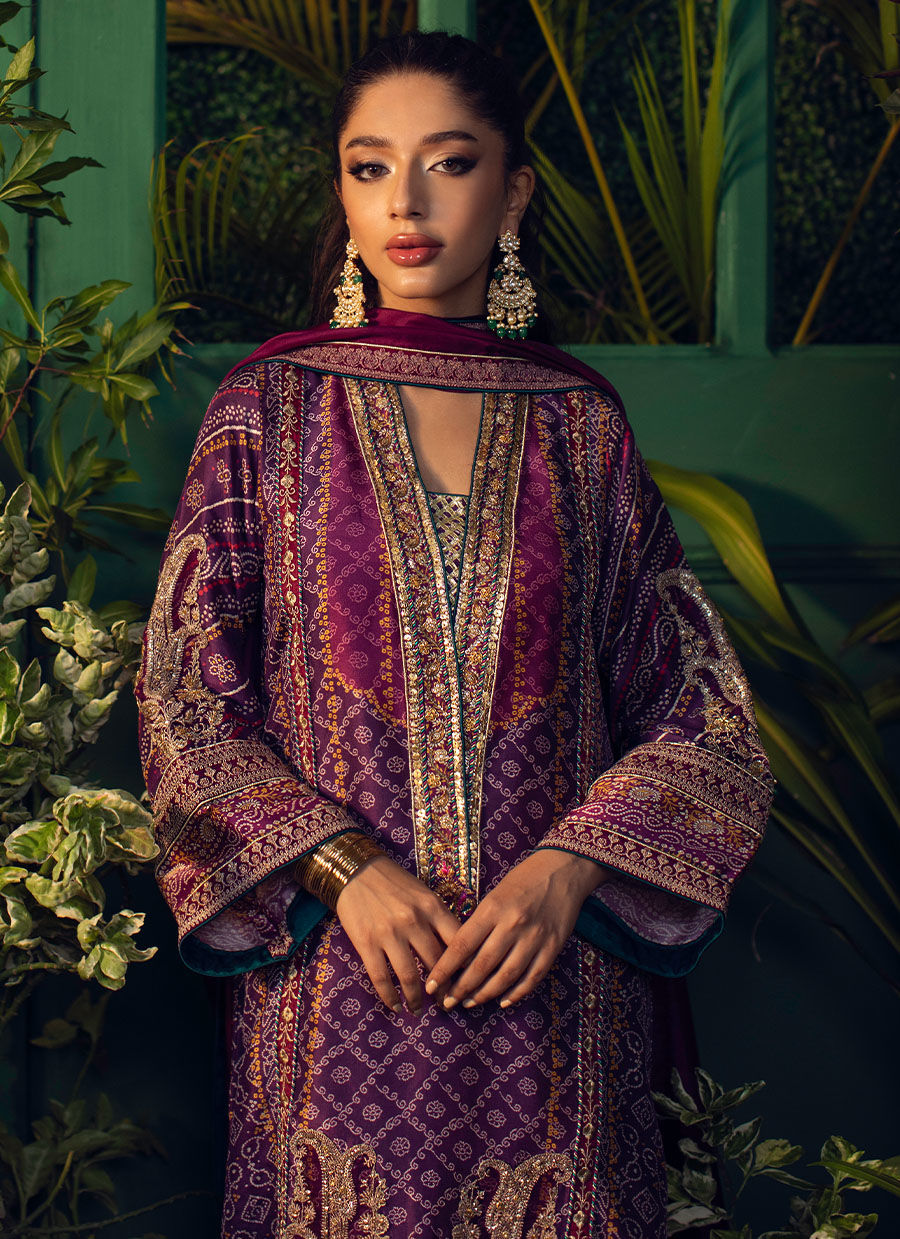 Farah Talib Aziz | Designer Picks 24 | SETAREH PURPLE CHUNRI KURTA WITH PURE SILK OMBRE DUPATTA by Farah Talib Aziz - Designer Dress - Type: Ladies Clothes - Available at Libayah - 100% Original