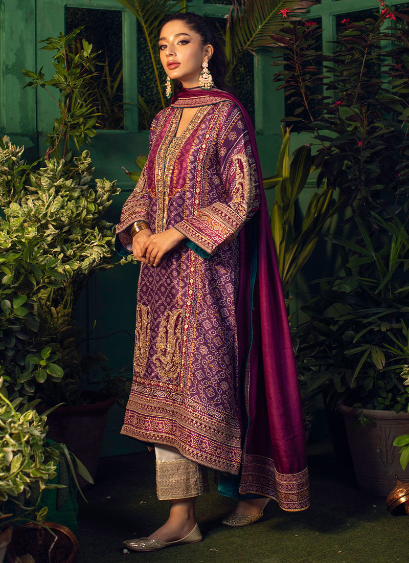 Farah Talib Aziz | Designer Picks 24 | SETAREH PURPLE CHUNRI KURTA WITH PURE SILK OMBRE DUPATTA by Farah Talib Aziz - Designer Dress - Type: Ladies Clothes - Available at Libayah - 100% Original