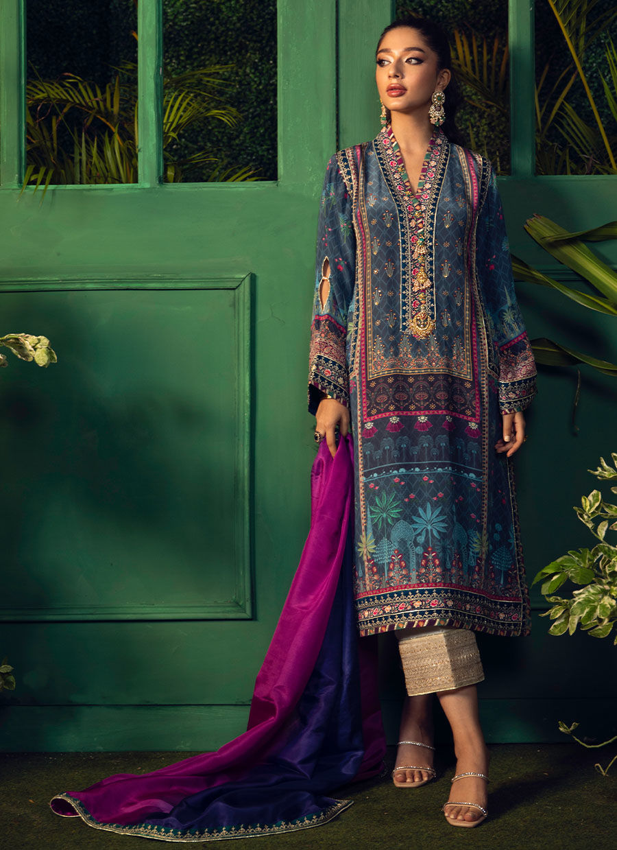 Farah Talib Aziz | Designer Picks 24 | IRAAN NAVY PRINTED CREPE SILK KURTA WITH SILK OMBRE DUPATTA by Farah Talib Aziz - Designer Dress - Type: Ladies Clothes - Available at Libayah - 100% Original