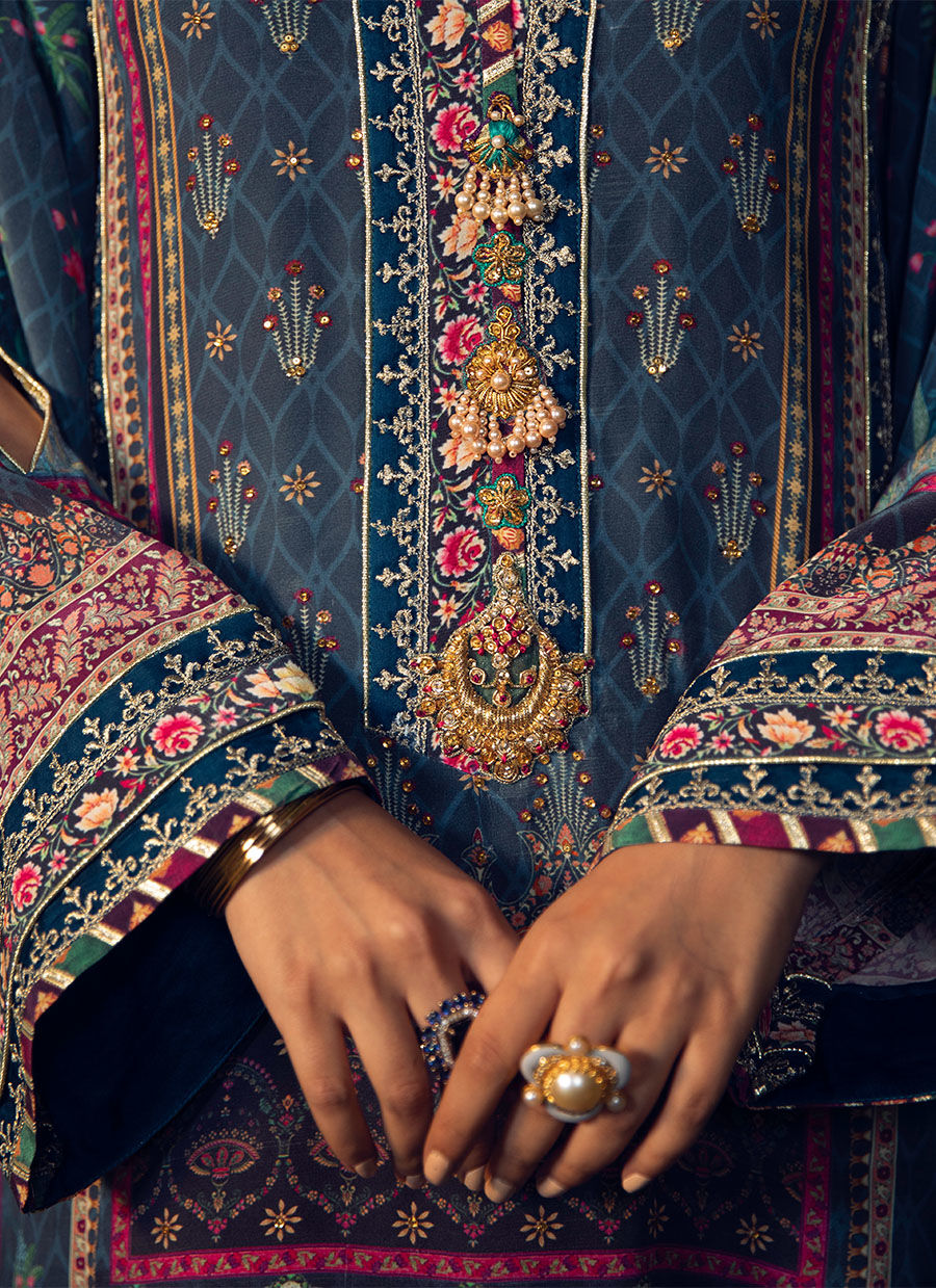 Farah Talib Aziz | Designer Picks 24 | IRAAN NAVY PRINTED CREPE SILK KURTA WITH SILK OMBRE DUPATTA by Farah Talib Aziz - Designer Dress - Type: Ladies Clothes - Available at Libayah - 100% Original