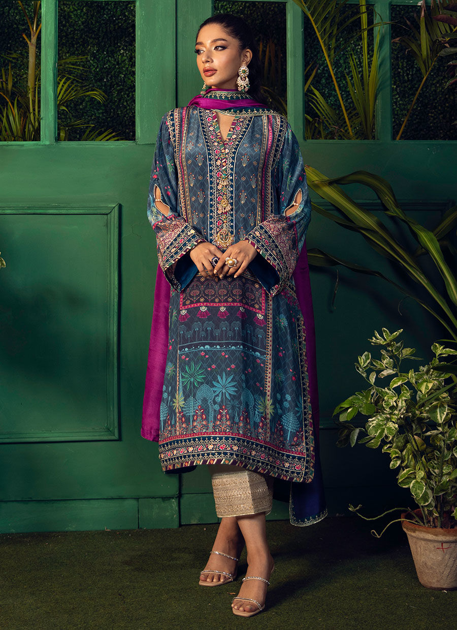 Farah Talib Aziz | Designer Picks 24 | IRAAN NAVY PRINTED CREPE SILK KURTA WITH SILK OMBRE DUPATTA by Farah Talib Aziz - Designer Dress - Type: Ladies Clothes - Available at Libayah - 100% Original