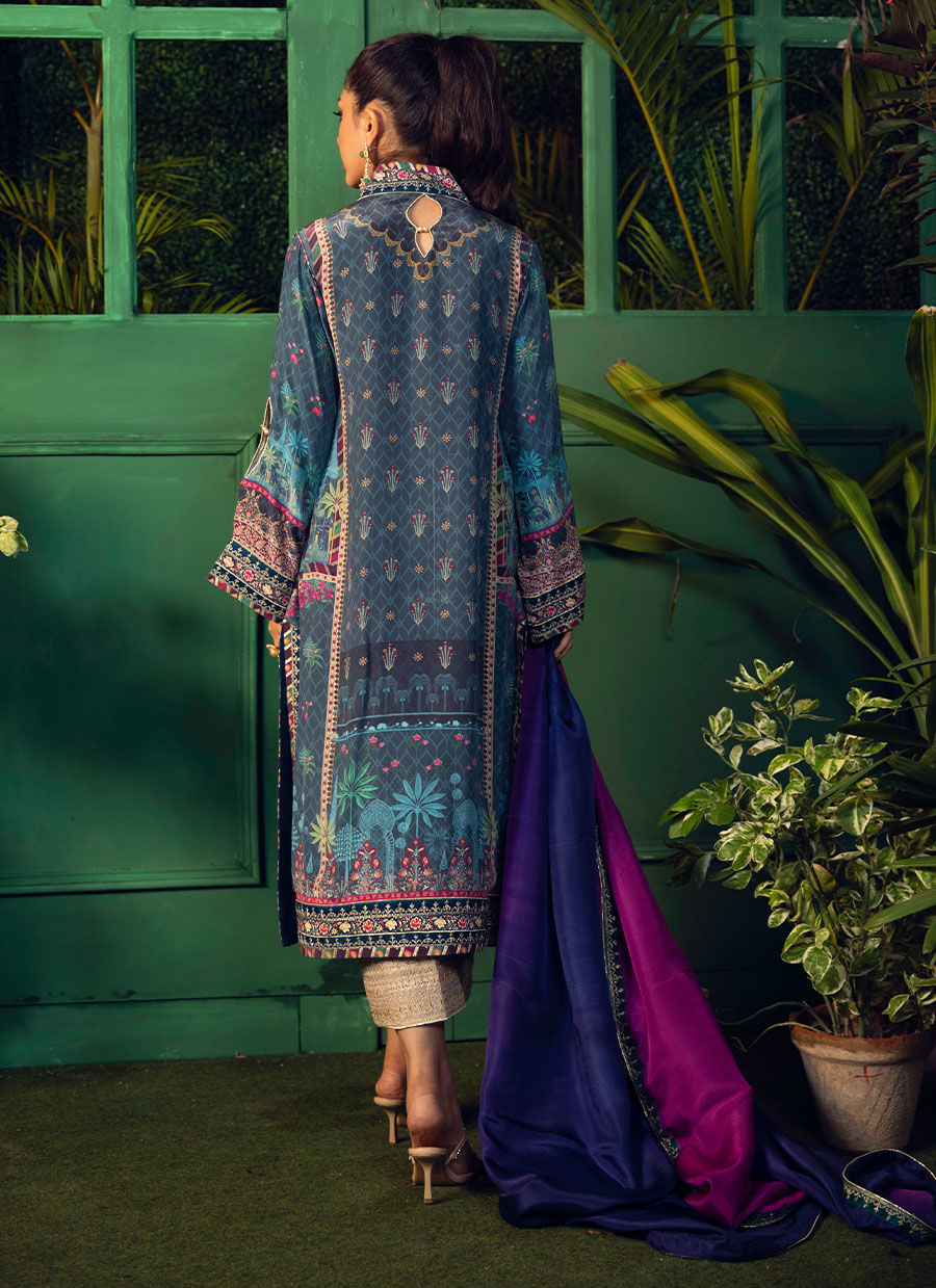 Farah Talib Aziz | Designer Picks 24 | IRAAN NAVY PRINTED CREPE SILK KURTA WITH SILK OMBRE DUPATTA by Farah Talib Aziz - Designer Dress - Type: Ladies Clothes - Available at Libayah - 100% Original