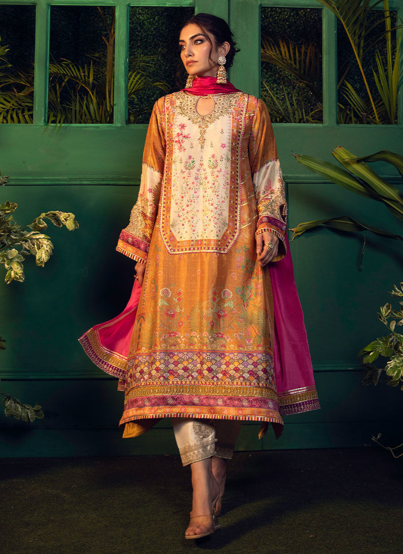 Farah Talib Aziz | Designer Picks 24 | ROSHAN PRINTED RAW SILK KURTA WITH SILK OMBRE DUPATTA by Farah Talib Aziz - Designer Dress - Type: Ladies Clothes - Available at Libayah - 100% Original