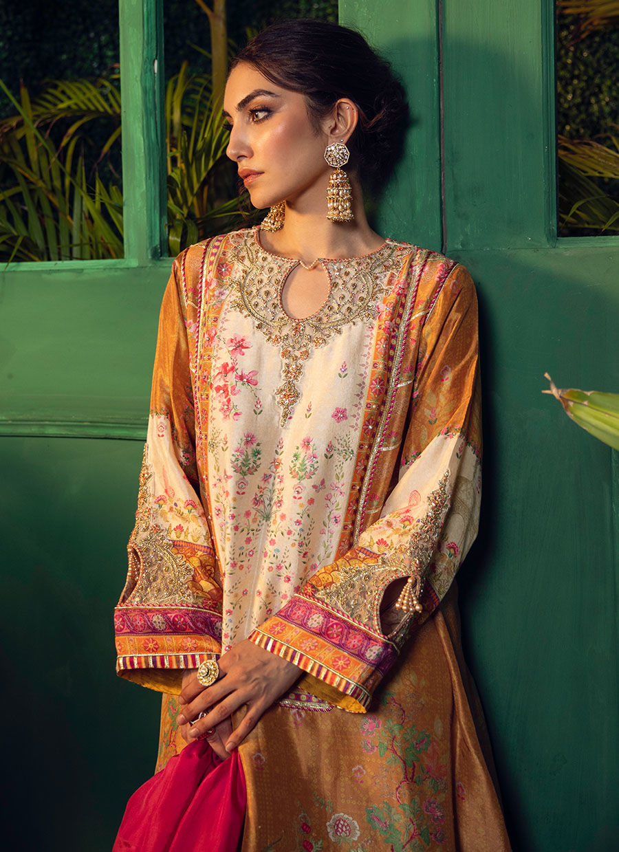 Farah Talib Aziz | Designer Picks 24 | ROSHAN PRINTED RAW SILK KURTA WITH SILK OMBRE DUPATTA by Farah Talib Aziz - Designer Dress - Type: Ladies Clothes - Available at Libayah - 100% Original