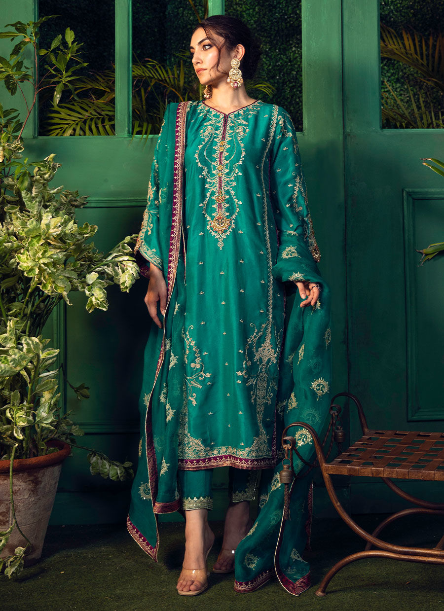 Farah Talib Aziz | Designer Picks 24 | NEEMA DEEP EMERALD EMBELLISHED KURTA WITH DUPATTA by Farah Talib Aziz - Designer Dress - Type: Ladies Clothes - Available at Libayah - 100% Original