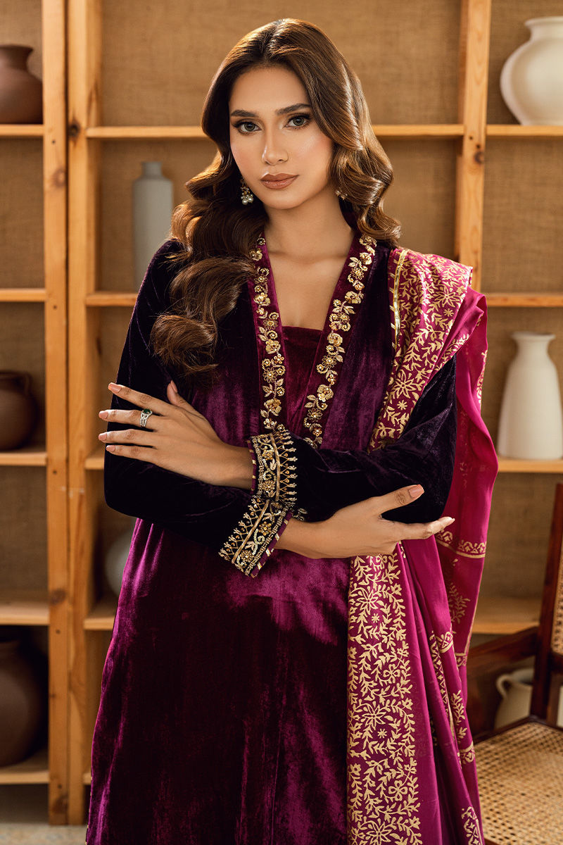 Fatima Khan | Warm Whisper Velvet 25 | Majestic Garnet by Farasha - Designer Dress  - Type : Ladies Clothes - Available at Libayah - 100% Original 