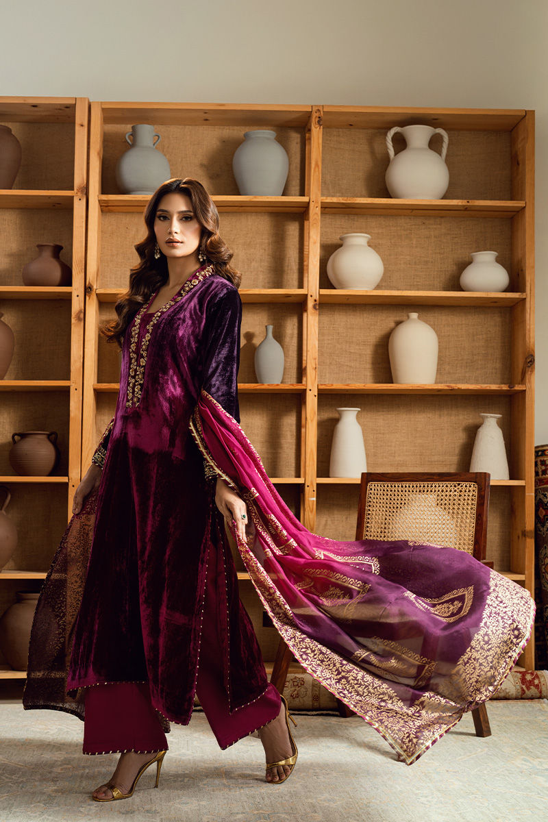 Fatima Khan | Warm Whisper Velvet 25 | Majestic Garnet by Farasha - Designer Dress  - Type : Ladies Clothes - Available at Libayah - 100% Original 