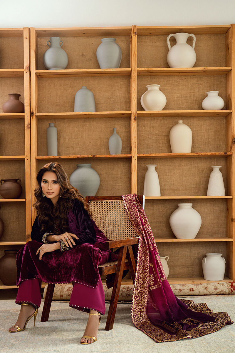 Fatima Khan | Warm Whisper Velvet 25 | Majestic Garnet by Farasha - Designer Dress  - Type : Ladies Clothes - Available at Libayah - 100% Original 