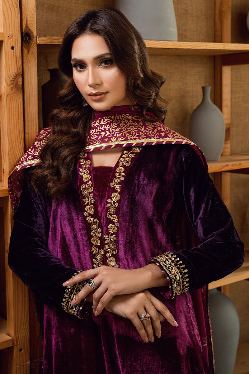 Fatima Khan | Warm Whisper Velvet 25 | Majestic Garnet by Farasha - Designer Dress  - Type : Ladies Clothes - Available at Libayah - 100% Original 